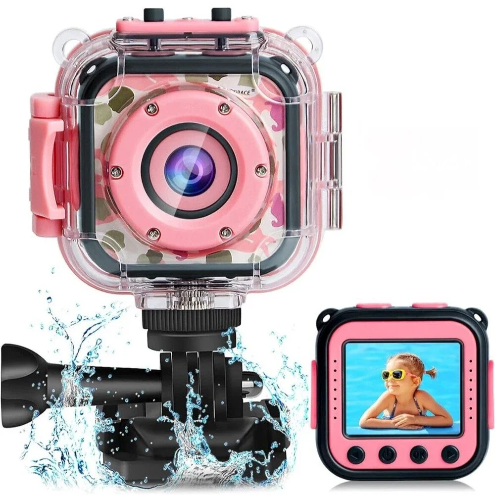 Kids Action Camera Pink w/Waterproof Hard Case & Mounting Accessories Underwater